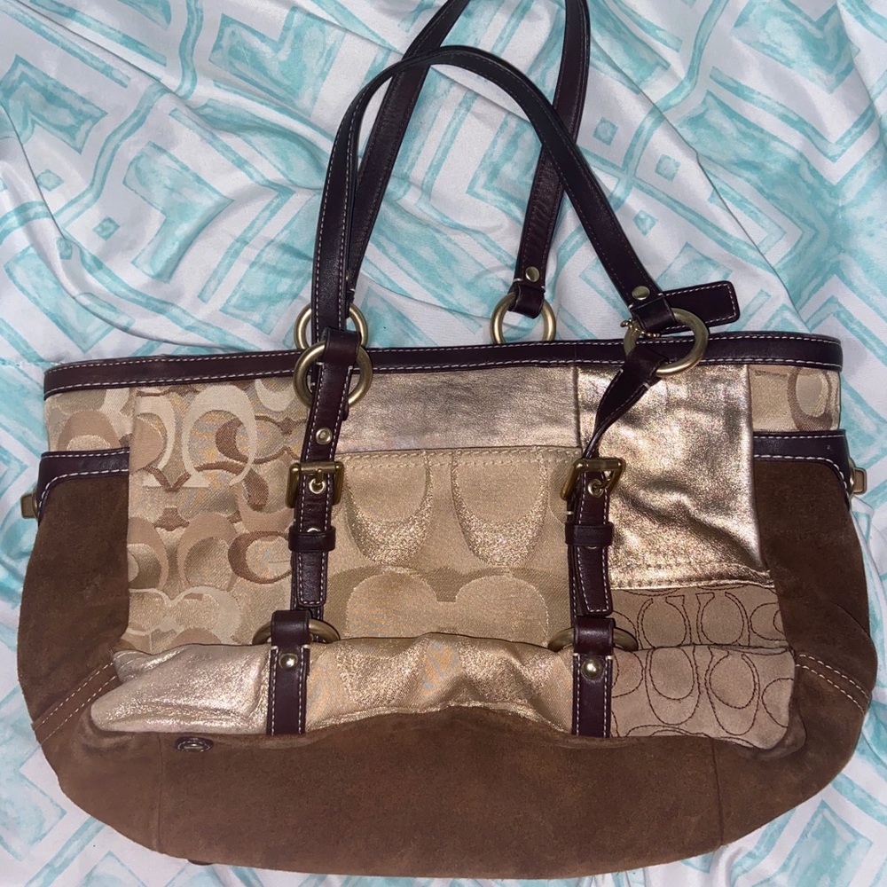 COACH GOLD/BROWN PATCHWORK CANVAS/LEATHER PURSE